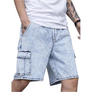 imageOYOANGLE Mens Drawstring Elastic Waist Flap Pocket Straight Cargo Jean Denim ShortsLight Wash