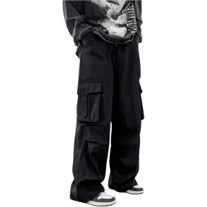 imageOYOANGLE Mens Drawstring Elastic Waist Flap Pockets Baggy Cargo Pants Joggers Hiking Trousers SweatpantsBlack