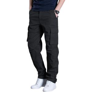 imageOYOANGLE Mens Drawstring Elastic Waist Flap Pockets Cargo Pants Straight Leg Casual TrousersBlack