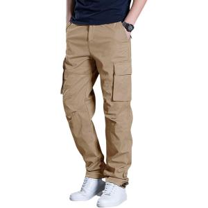 imageOYOANGLE Mens Drawstring Elastic Waist Flap Pockets Cargo Pants Straight Leg Casual TrousersKhaki