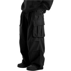 imageOYOANGLE Mens Drawstring Elastic Waist Flap Pockets Streetwear Baggy Cargo Pants Joggers Hiking TrousersBlack