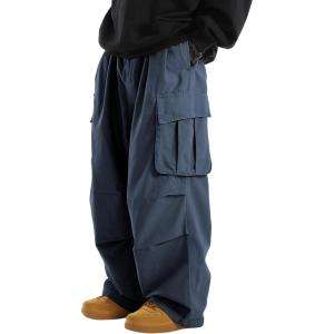 imageOYOANGLE Mens Drawstring Elastic Waist Flap Pockets Streetwear Baggy Cargo Pants Joggers Hiking TrousersNavy Blue