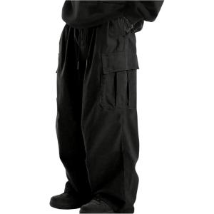 imageOYOANGLE Mens Drawstring Elastic Waist Pockets Cargo Pants Wide Leg Loose Casual Trousers StreetwearBlack