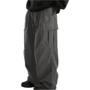 imageOYOANGLE Mens Drawstring Elastic Waist Pockets Cargo Pants Wide Leg Loose Casual Trousers StreetwearGrey