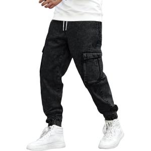 imageOYOANGLE Mens Drawstring Waist Flap Pocket Jogger Cargo Pants Carrot Denim Jeans with PocketBlack