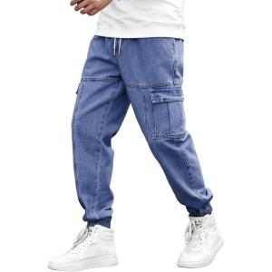 imageOYOANGLE Mens Drawstring Waist Flap Pocket Jogger Cargo Pants Carrot Denim Jeans with PocketBlue