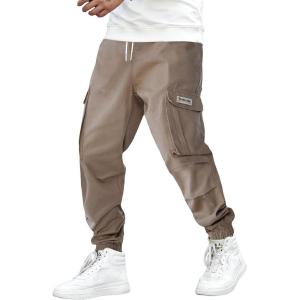 imageOYOANGLE Mens Drawstring Waist Flap Pocket Jogger Cargo Pants Carrot Denim Jeans with PocketCoffee Brown