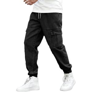imageOYOANGLE Mens Drawstring Waist Flap Pocket Jogger Cargo Pants Carrot Denim Jeans with PocketDeep Black
