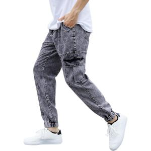 imageOYOANGLE Mens Drawstring Waist Flap Pocket Jogger Cargo Pants Carrot Denim Jeans with PocketGrey