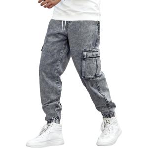 imageOYOANGLE Mens Drawstring Waist Flap Pocket Jogger Cargo Pants Carrot Denim Jeans with PocketGrey Solid