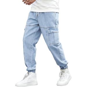 imageOYOANGLE Mens Drawstring Waist Flap Pocket Jogger Cargo Pants Carrot Denim Jeans with PocketLight Wash