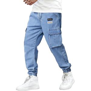 imageOYOANGLE Mens Drawstring Waist Flap Pocket Jogger Cargo Pants Carrot Denim Jeans with PocketLight Wash Letter