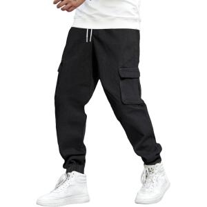 imageOYOANGLE Mens Drawstring Waist Flap Pocket Jogger Cargo Pants Carrot Denim Jeans with PocketSolid Black