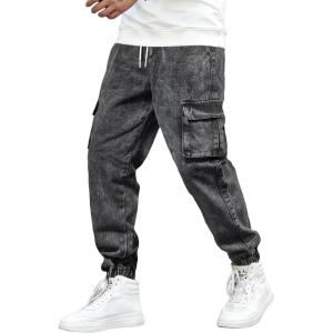 imageOYOANGLE Mens Drawstring Waist Flap Pocket Jogger Cargo Pants Carrot Denim Jeans with PocketSolid Dark Grey