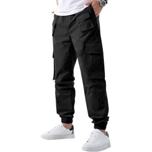 imageOYOANGLE Mens Drawstring Waist Flap Pocket Jogger Cargo Pants Streetwear Long Trousers with PocketBlack