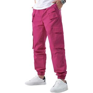 imageOYOANGLE Mens Drawstring Waist Flap Pocket Jogger Cargo Pants Streetwear Long Trousers with PocketHot Pink