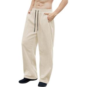 imageOYOANGLE Mens Drawstring Waist Straight Wide Leg Baggy Pants Workout Athletic Sweatpants with PocketApricot