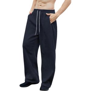 imageOYOANGLE Mens Drawstring Waist Straight Wide Leg Baggy Pants Workout Athletic Sweatpants with PocketDark Blue