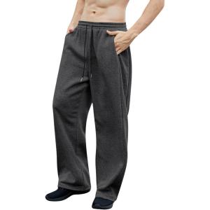 imageOYOANGLE Mens Drawstring Waist Straight Wide Leg Baggy Pants Workout Athletic Sweatpants with PocketDark Grey Deep