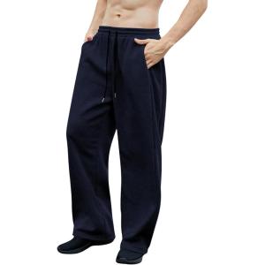 imageOYOANGLE Mens Drawstring Waist Straight Wide Leg Baggy Pants Workout Athletic Sweatpants with PocketDeep Blue
