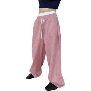 imageOYOANGLE Mens Drawstring Waist Straight Wide Leg Baggy Pants Workout Athletic Sweatpants with PocketPink