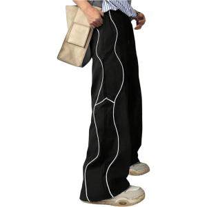 imageOYOANGLE Mens Elastic Drawstring Waist Straight Leg Pants with Pocket Loose Long SweatpantsBlack
