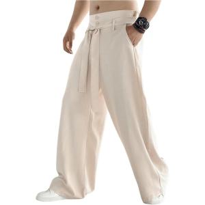 imageOYOANGLE Mens Elastic Waisted Wide Leg Long Pants Tie Front Belted Loose Casual Trousers with PocketsKhaki