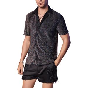 imageOYOANGLE Mens Fashion Button Down Lapel V Neck Short Sleeve Glitter Blouse TopsBlack Plain