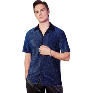imageOYOANGLE Mens Fashion Button Down Lapel V Neck Short Sleeve Glitter Blouse TopsBlue