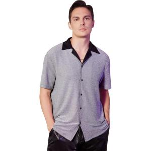 imageOYOANGLE Mens Fashion Button Down Lapel V Neck Short Sleeve Glitter Blouse TopsSilver