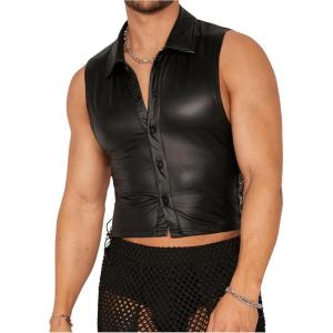imageOYOANGLE Mens Faux Leather Tank Tops Sleeveless Fitted Muscle Undershirt Button Down Vest Top NightwearBlack