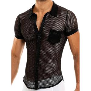 imageOYOANGLE Mens Fishnet See Through Short Sleeve Button Down Collar Party Tops ShirtBlack