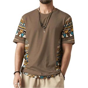 imageOYOANGLE Mens Geometric Print Crew Neck Short Sleeve T Shirt Color Block Comfortable Casual Pullover Tee ShirtBrown and Green