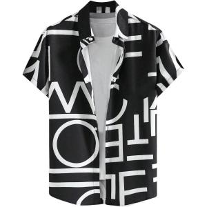 imageOYOANGLE Mens Graphic Button Down Short Sleeve Shirts Work Casual Collared Shirt Tops Beach ShirtsBlack