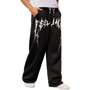 imageOYOANGLE Mens Graphic Print Drawstring Waist Baggy Sweatpants Loose Straight Leg Pants with PocketBlack