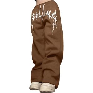 imageOYOANGLE Mens Graphic Print Drawstring Waist Baggy Sweatpants Loose Straight Leg Pants with PocketBrown