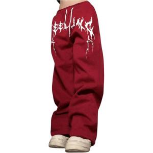 imageOYOANGLE Mens Graphic Print Drawstring Waist Baggy Sweatpants Loose Straight Leg Pants with PocketBurgundy