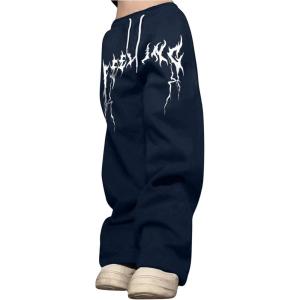 imageOYOANGLE Mens Graphic Print Drawstring Waist Baggy Sweatpants Loose Straight Leg Pants with PocketDark Blue