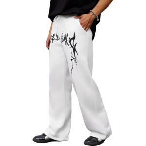 imageOYOANGLE Mens Graphic Print Drawstring Waist Baggy Sweatpants Loose Straight Leg Pants with PocketWhite