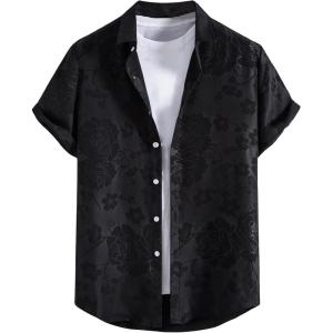 imageOYOANGLE Mens Graphic Print Japanese Letter Short Sleeve Button Down Shirt TopBlack Jacquard