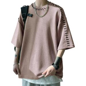 imageOYOANGLE Mens Half Sleeve Drop Shoulder Crew Neck Oversized Streetwear T Shirt Tee TopsPurple