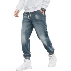 imageOYOANGLE Mens Jeans Jogger Pants Elastic Drawstring Waist Tapered Denim Trousers with PocketLight Wash