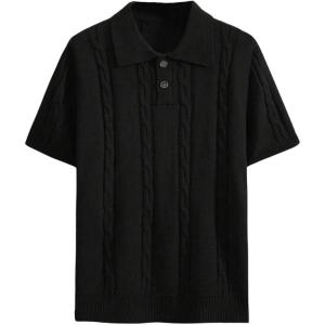imageOYOANGLE Mens Knitted Short Sleeve Golf Shirts Collared Neck Summer Business Casual T ShirtsBlack