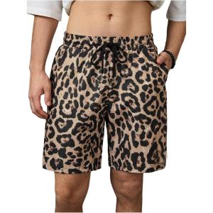 imageOYOANGLE Mens Leopard Graphic Print Adjustable Elastic Waist Drawstring Workout ShortsKhaki