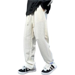 imageOYOANGLE Mens Letter Patch Side Split Drawstring Waist Sweatpants Textured Pockets Straight Leg PantsBeige