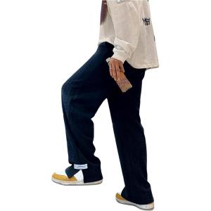 imageOYOANGLE Mens Letter Patch Side Split Drawstring Waist Sweatpants Textured Pockets Straight Leg PantsBlack Ink