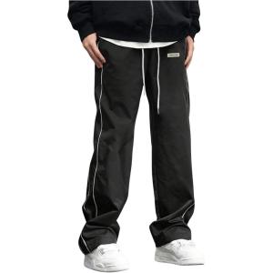 imageOYOANGLE Mens Letter Patched Drawstring Waisted Cargo Pants Seam Side Loose Fit Sports JoggersBlack