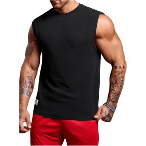 imageOYOANGLE Mens Letter Patched Textured Sleeveless Crew Neck Tank Tops Workout Athletic Casual ShirtsBlack