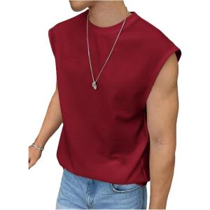 imageOYOANGLE Mens Letter Patched Textured Sleeveless Crew Neck Tank Tops Workout Athletic Casual ShirtsBurgundy