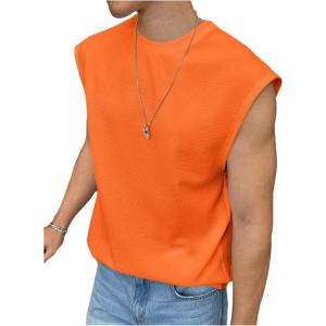 imageOYOANGLE Mens Letter Patched Textured Sleeveless Crew Neck Tank Tops Workout Athletic Casual ShirtsOrange